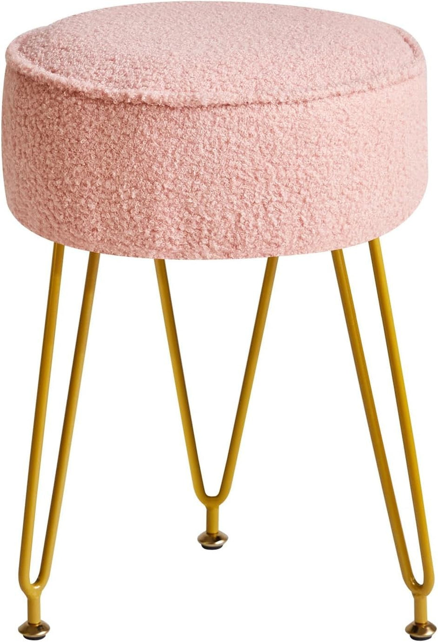Velvet Round Footrest Ottoman – Cream White Vanity Stool with Steel Legs