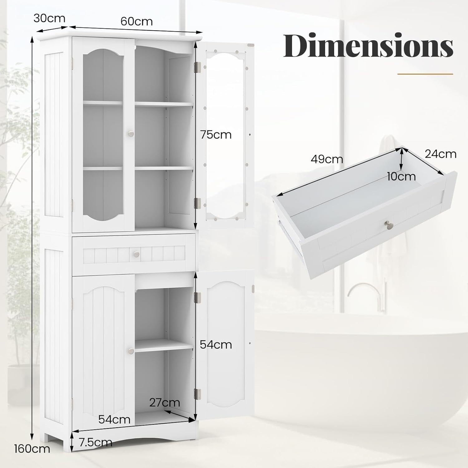 Tall Bathroom Cabinet White Freestanding Storage Cupboard 4-Door Drawer