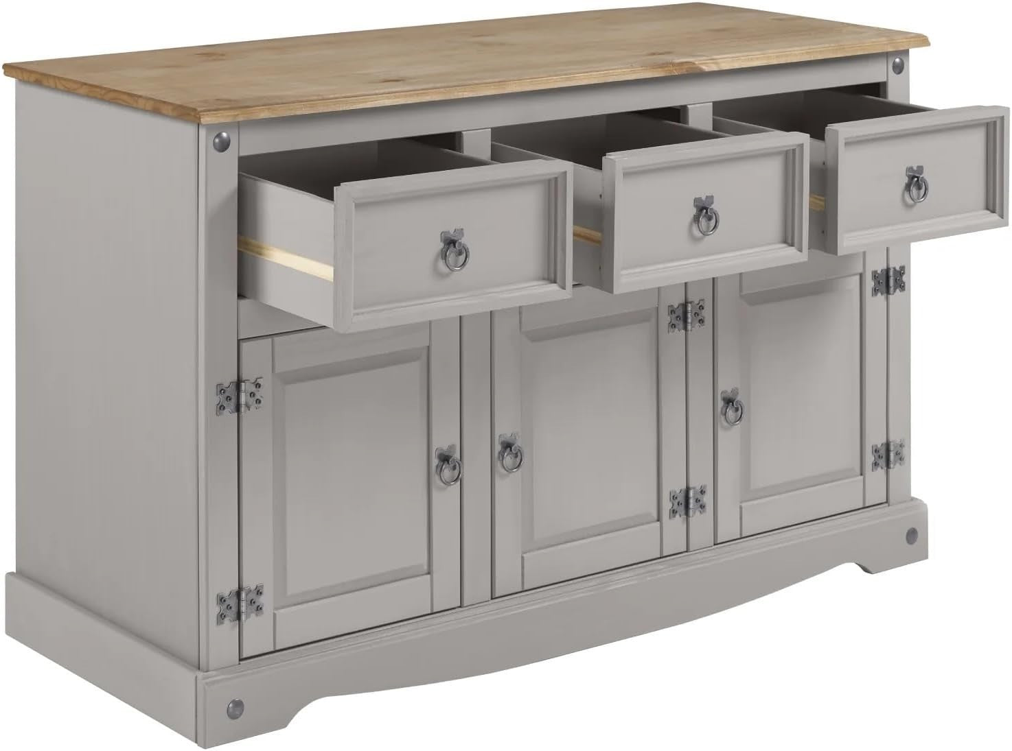 Grey Solid Pine Sideboard Cabinet 3 Door 3 Drawer Large Storage Unit