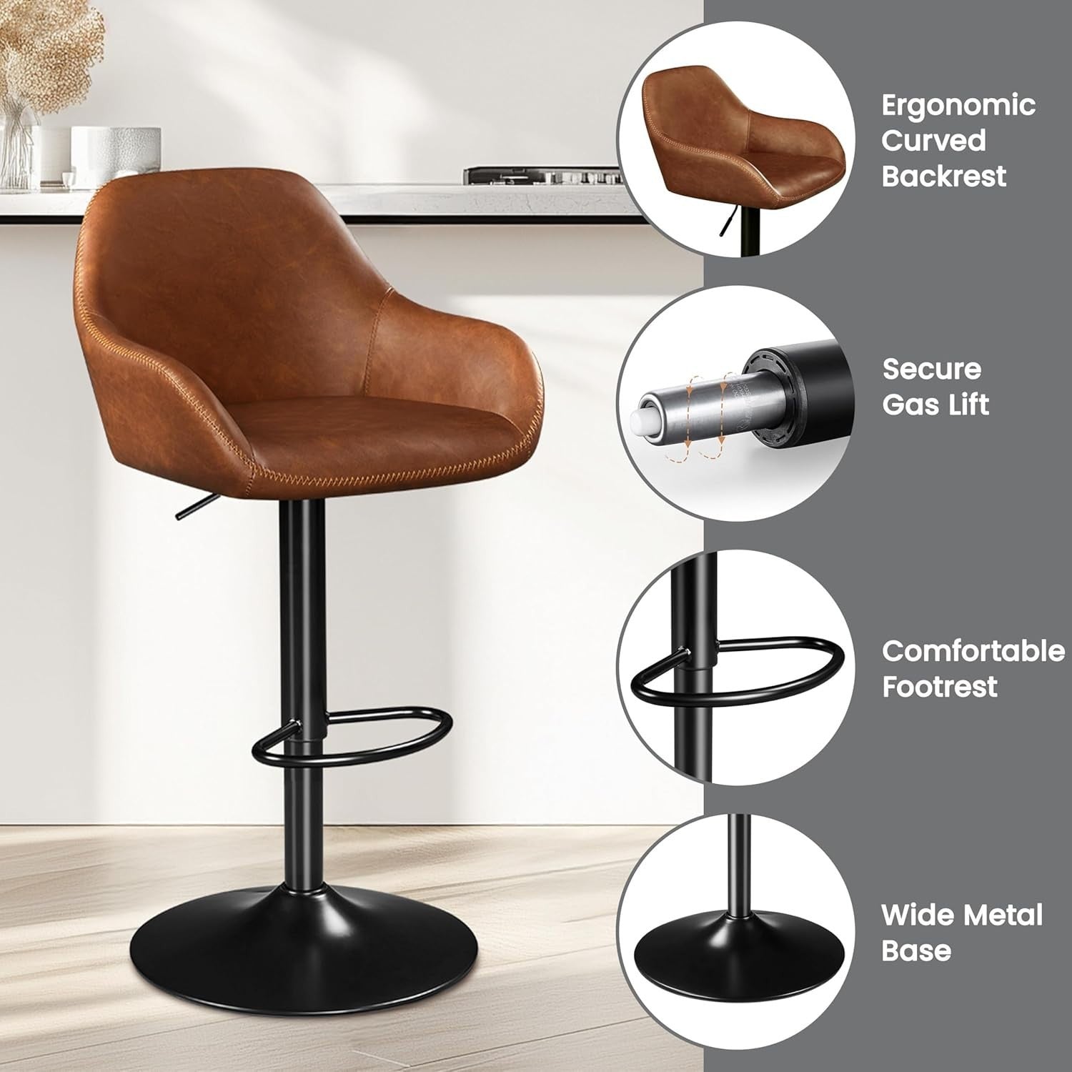 Height Adjustable Swivel Bar Stools Set of 2 PU Leather Vintage Brown