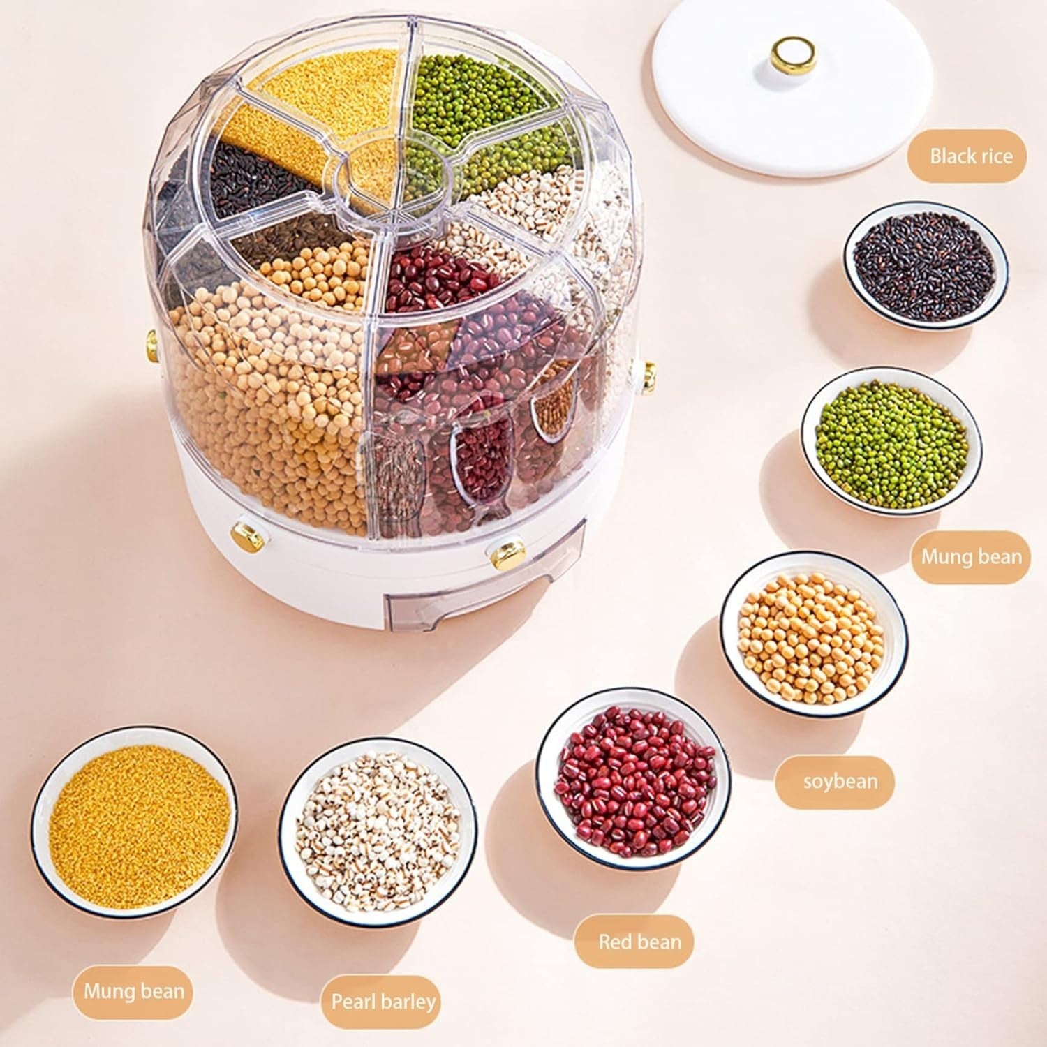 30L Rotating Rice Dispenser 6 Grid Airtight Grain Storage Container