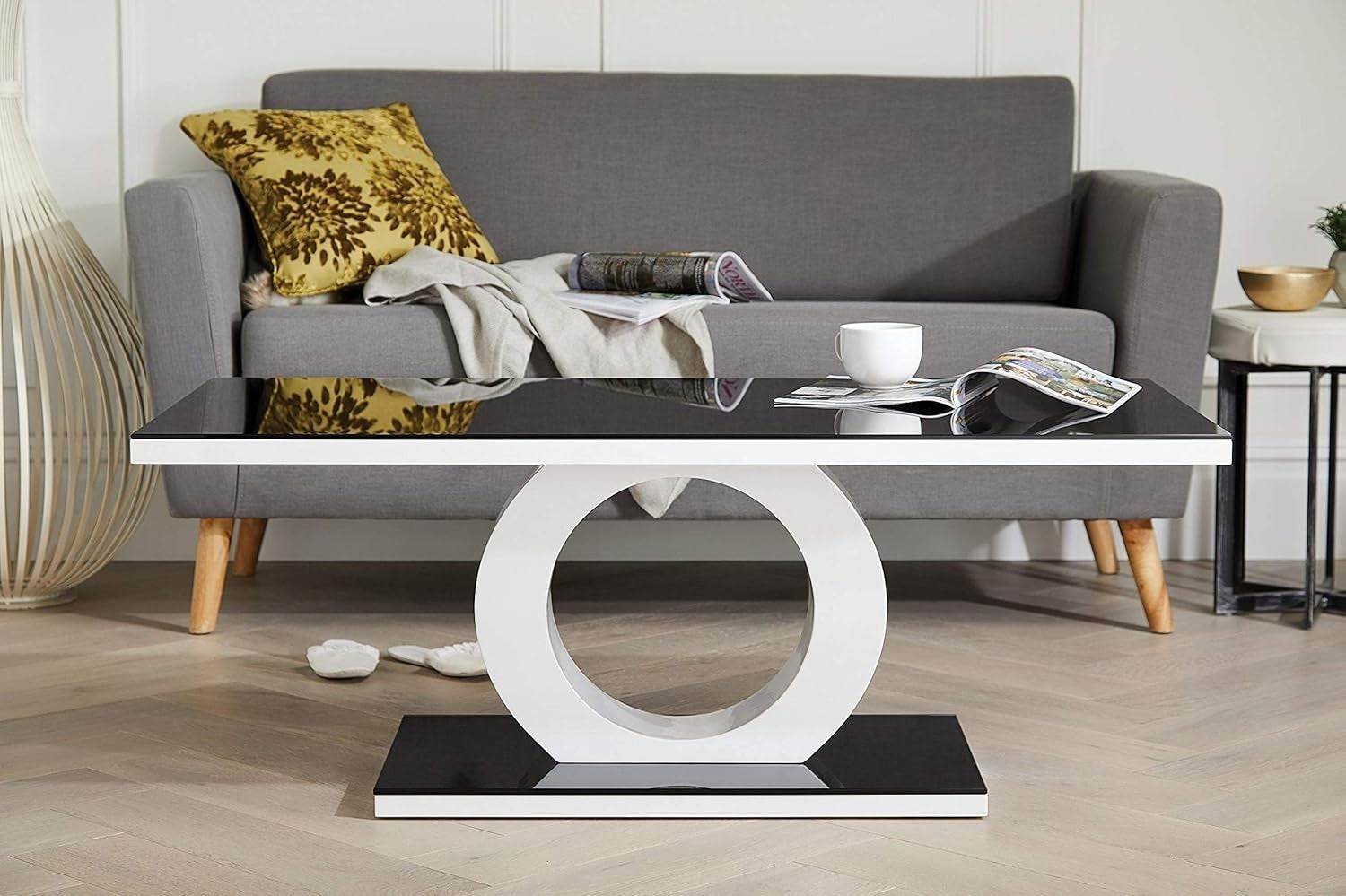 Modern Glossy Black & White Glass Coffee Table with Tempered Glass 120x60cm