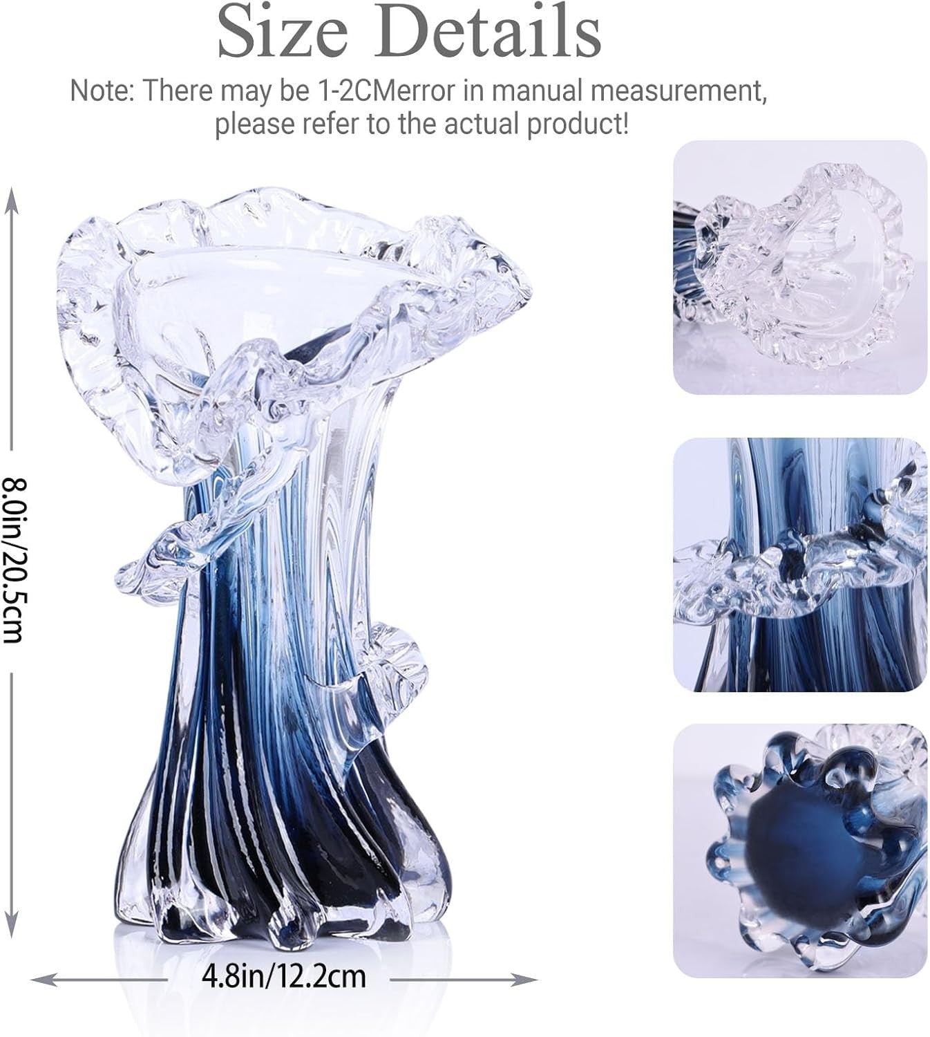 Hand Blown Glass Wave Vase Blue White Modern Art Flower Vase Decor