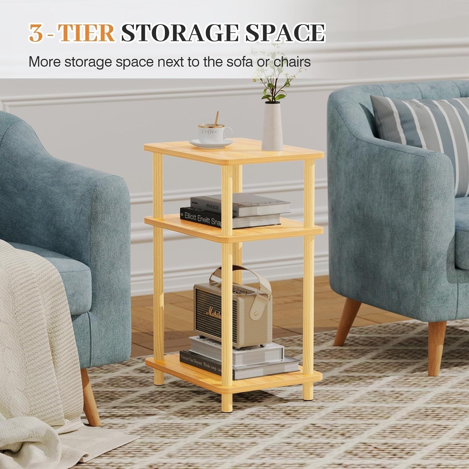 Slim 3-Tier Side Table with Storage Shelf – Small Space Bedside Nightstand