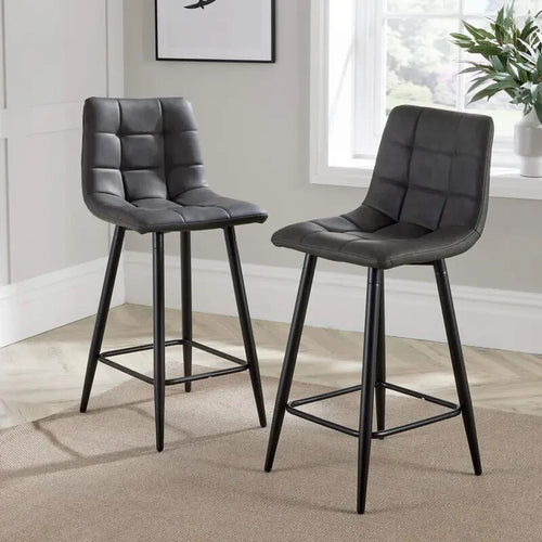 2 Grey Bar Stools Padded Seat Kitchen Breakfast Chairs w/ Black Legs
