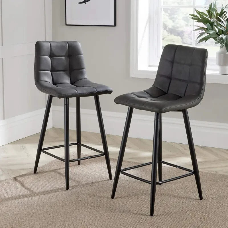 2 Grey Bar Stools Padded Seat Kitchen Breakfast Chairs w/ Black Legs