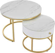2PCS Nesting Coffee Table Set Marble Look Top Round Metal Frame Living Room