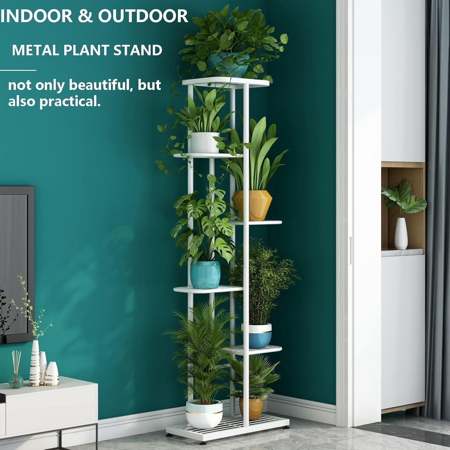 6 Tier 7 Pot White Metal Plant Stand Indoor Outdoor Multi Plant Display Rack