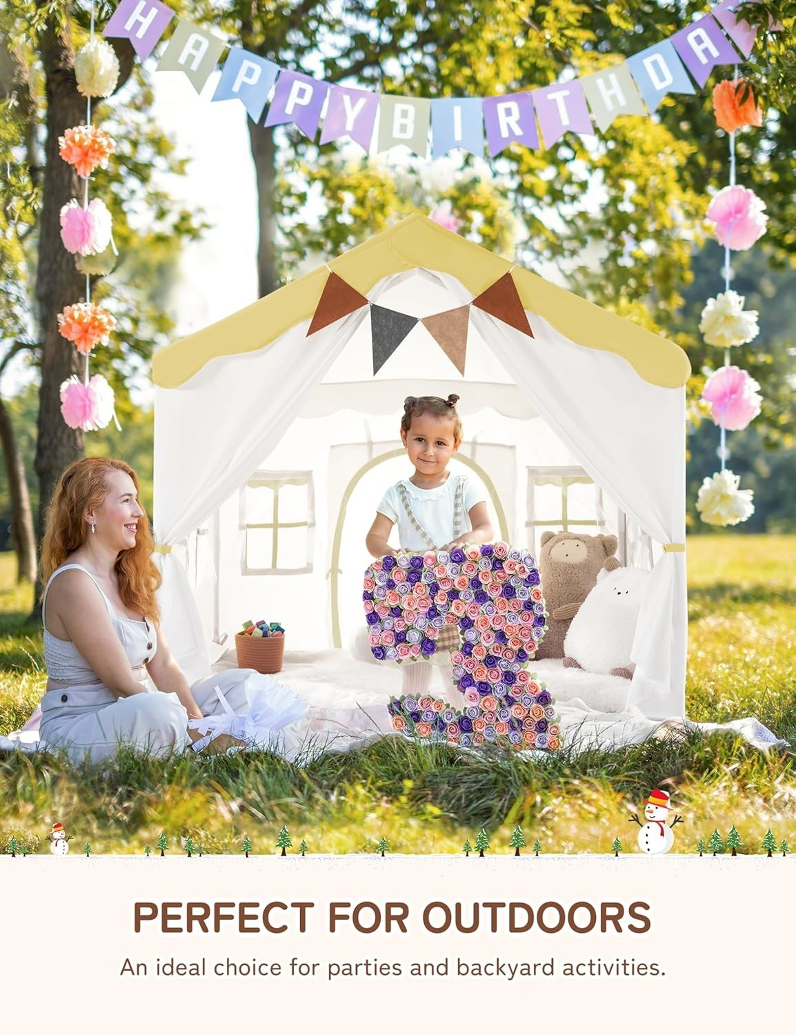 Yellow Kids Castle Tent Bed Canopy with Lights & Mat Indoor Playhouse