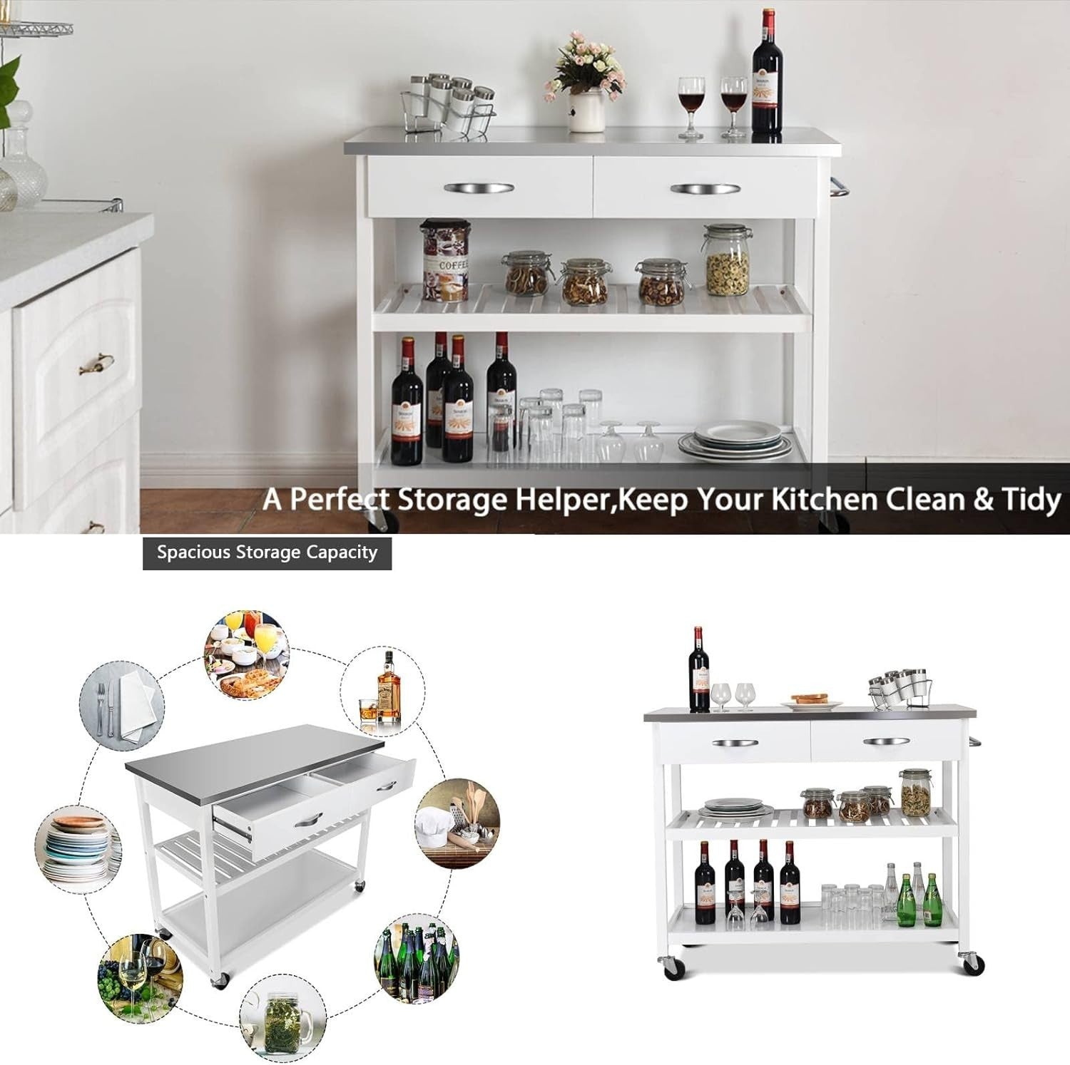 Mobile Kitchen Storage Trolley with Stainless Steel Top,Drawers & Lockable Wheel