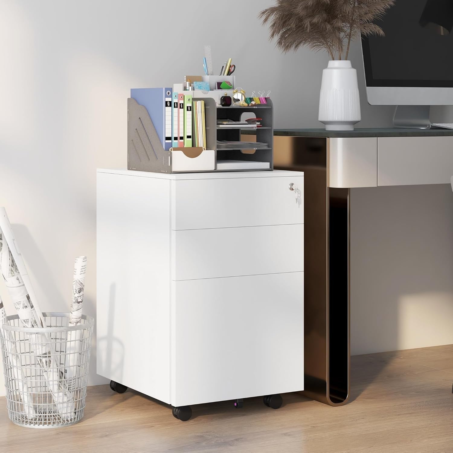 Locking Steel Rolling File Cabinet 3 Drawer A4 Legal Under Desk Unit