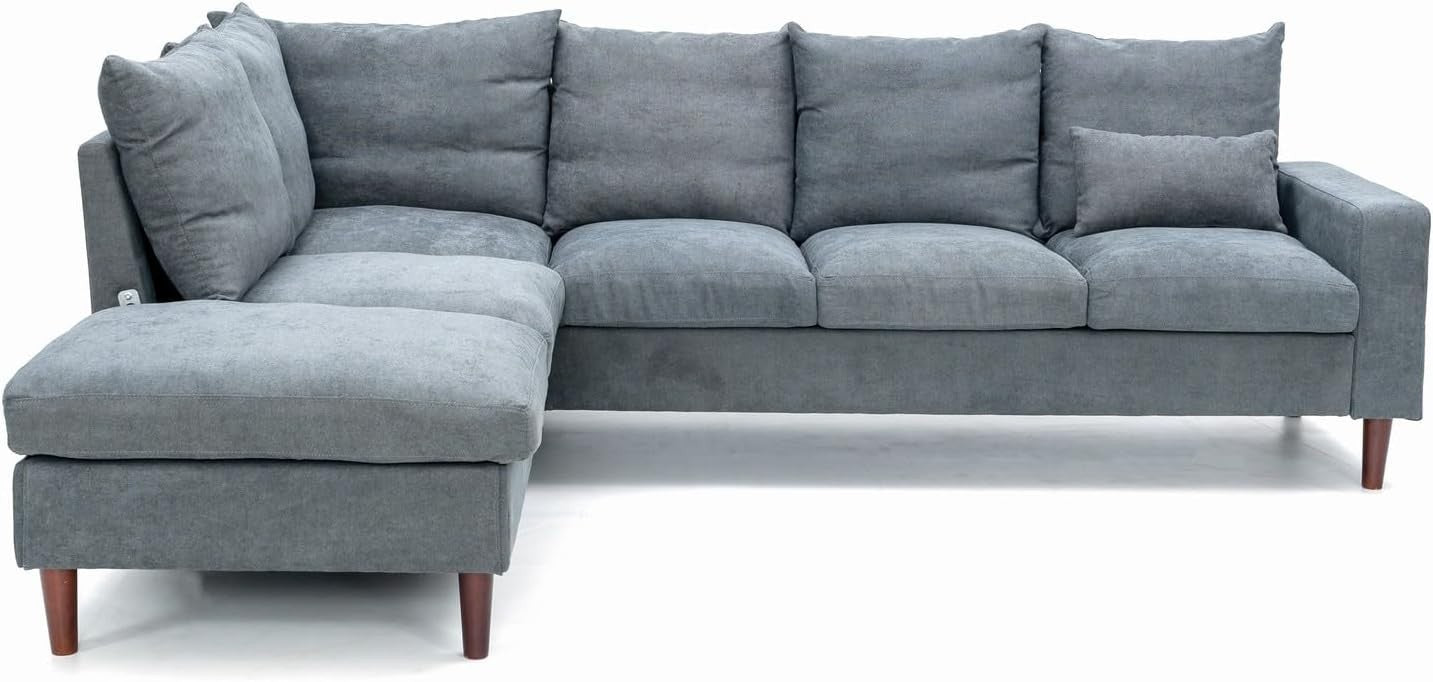 6 Seater Corner Sofa with Chaise Grey Linen L Shape USB Charging Modern Couch