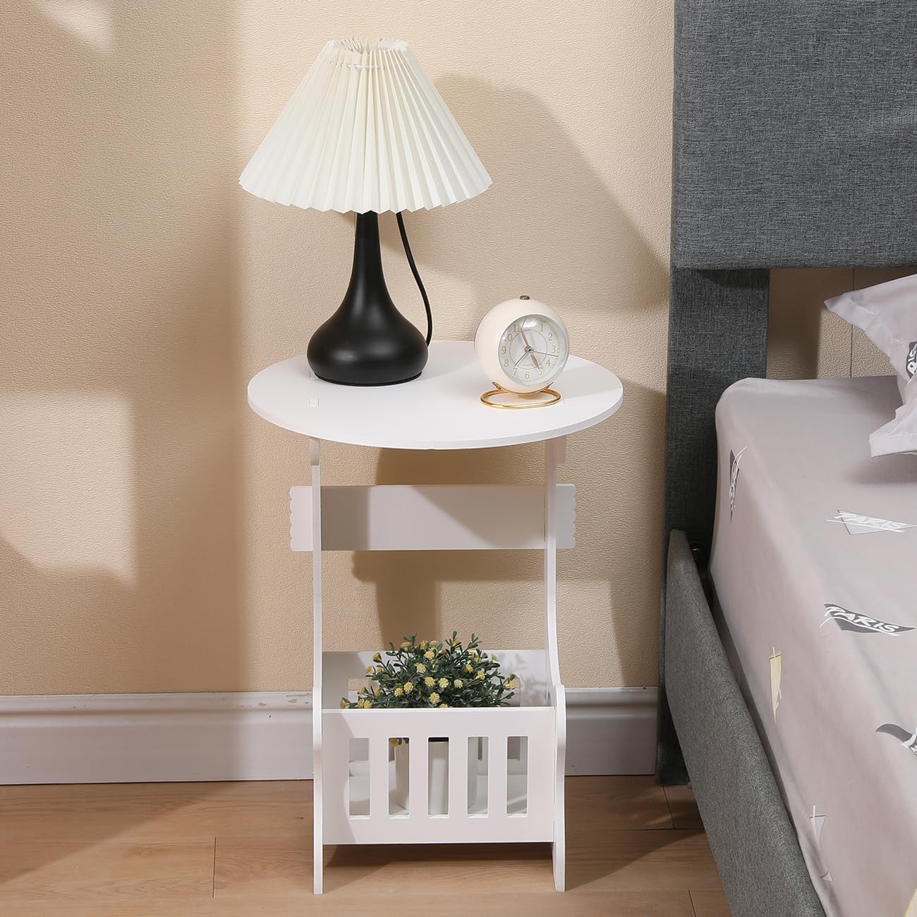 Round White Bedside Table with Shelf, Slim Corner Side Table for Small Spaces