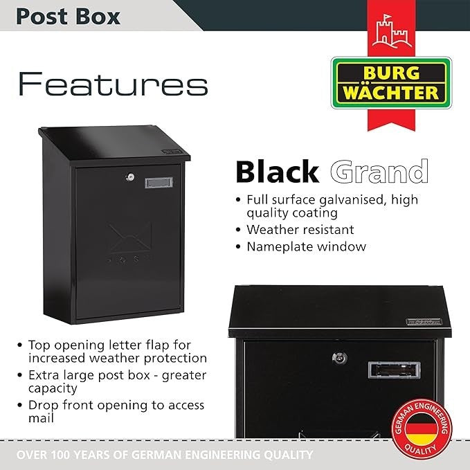 Lockable Wall Mounted Post Box Black Steel Weatherproof Mailbox 45x33x15cm