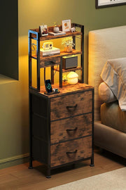 Tall Bedside Table with LED Lights Charging Ports Drawers Shelves Rustic Brown