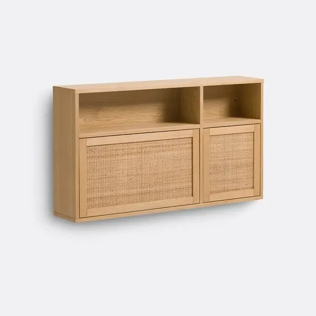 Oak Veneer Cane Wall Desk – 107cm Folding Compact Office Unit with Storage