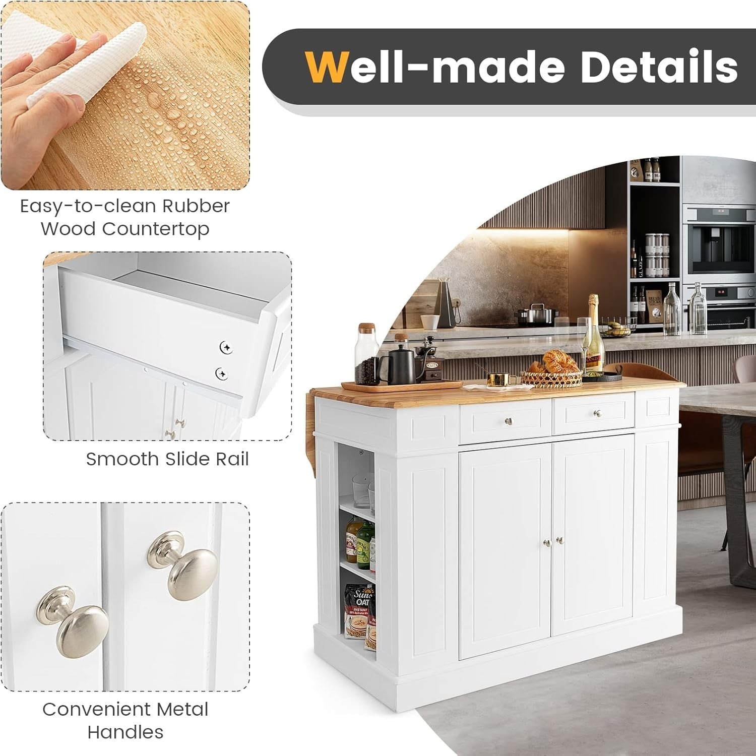 Expandable Kitchen Island Sideboard Cabinet with Storage & Adjustable Shelves, 1