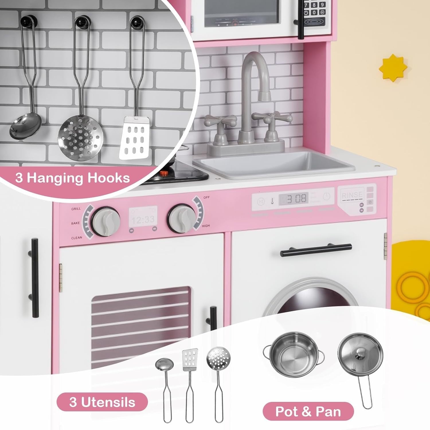 Kids Wooden Play Kitchen Set w/ Lights Sounds Oven Microwave Pink