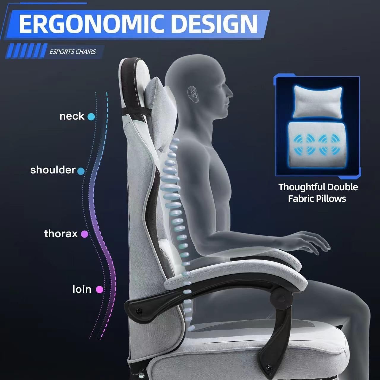 Massage Gaming Chair Reclining with Footrest Ergonomic Fabric
