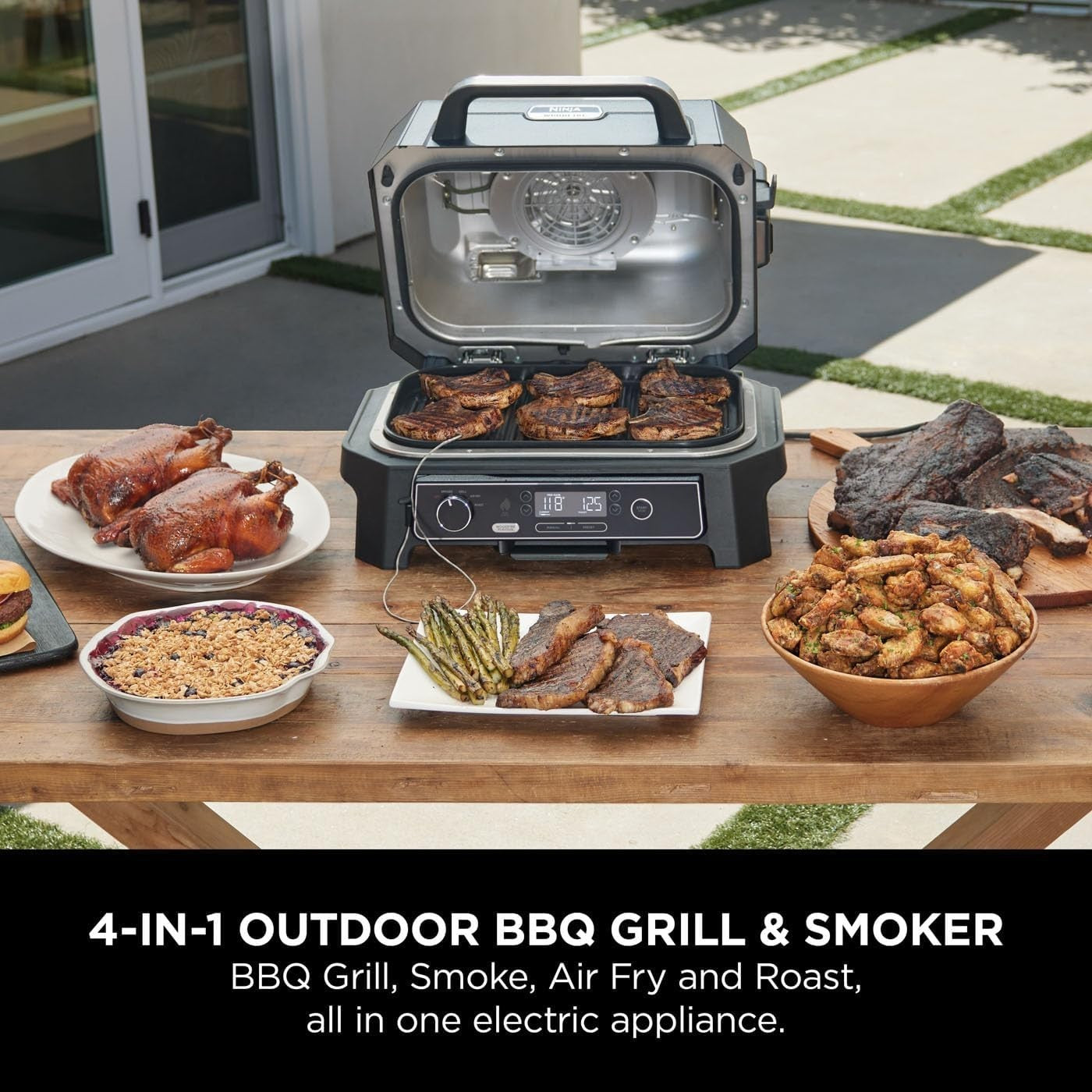 Electric BBQ Grill & Smoker 4-in-1 with Smart Temperature Probe – Large Portable