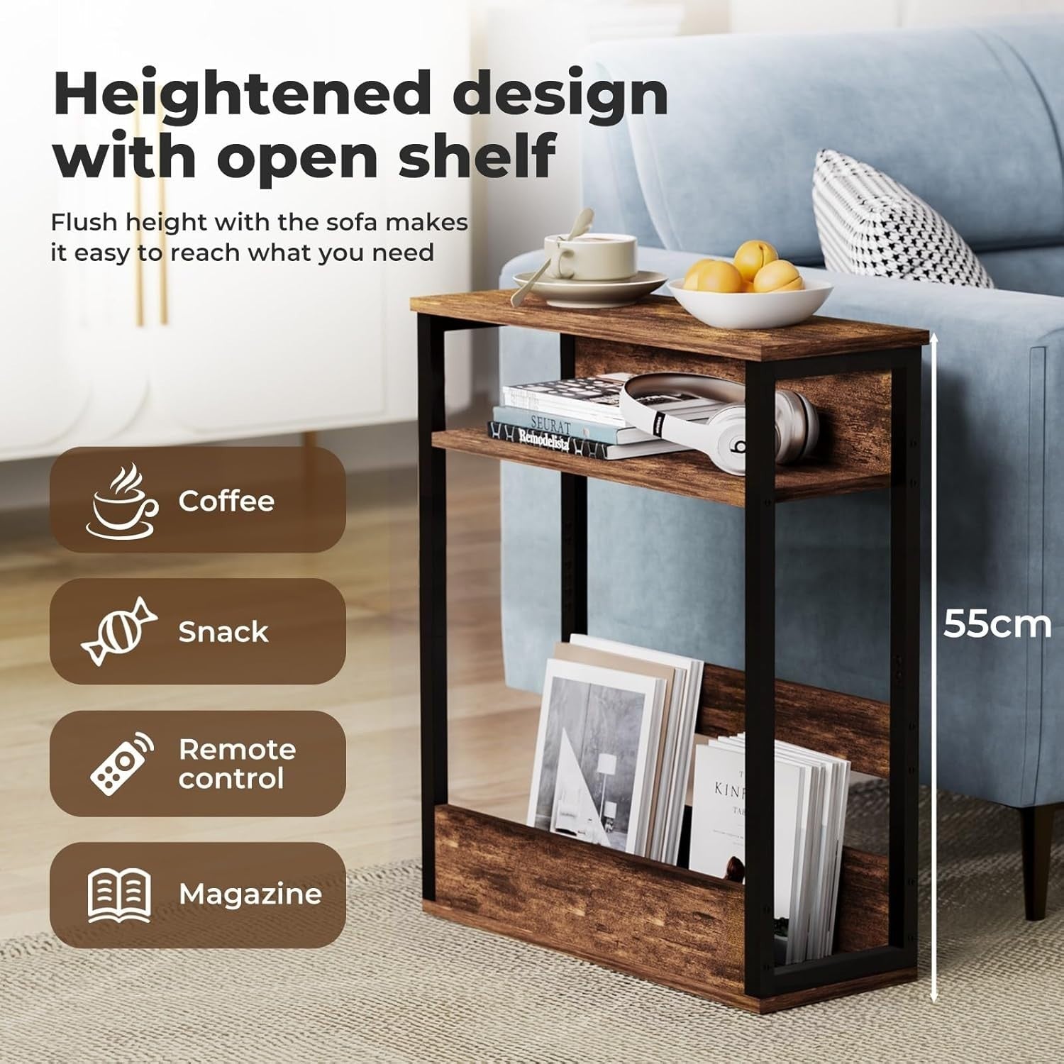 Space-Saving 3-Tier Side Table with Storage Shelf for Narrow Rooms Brown