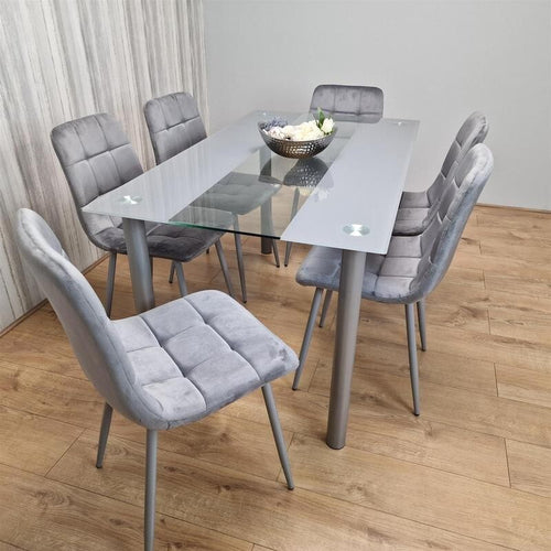 Glass Dining Table Set with 6 Grey Velvet Chairs Modern Kitchen 140cm
