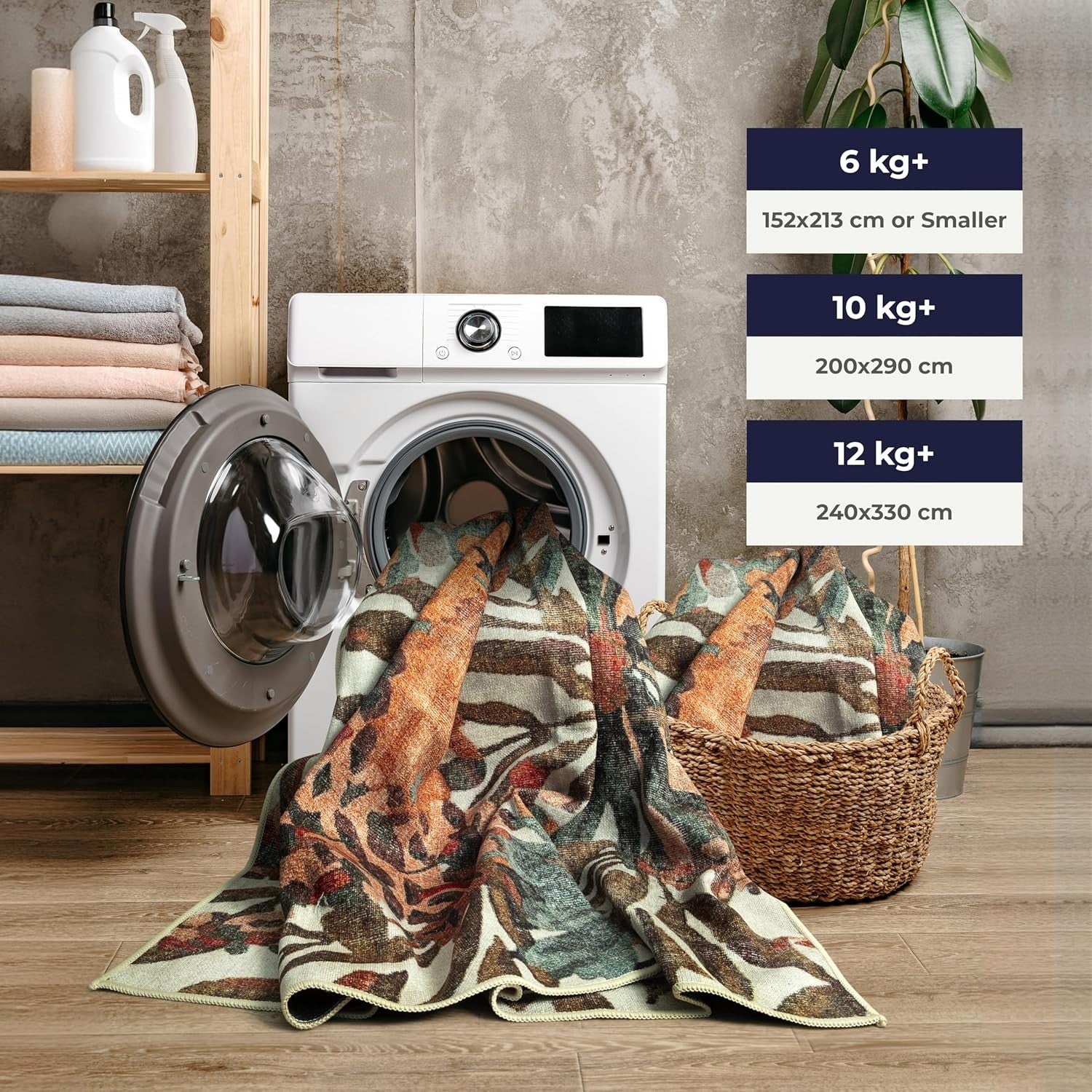 Large Washable Rug 200x290cm Non-Slip Soft Floral Area Carpet Dark Khaki Peach