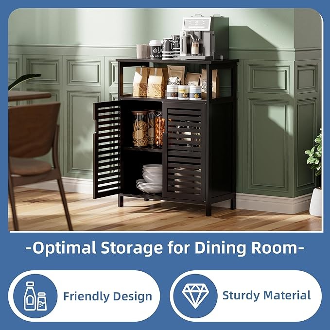 Black Bamboo Bathroom Storage Cabinet with Shutter Doors & Open Shelf 60x30x80cm
