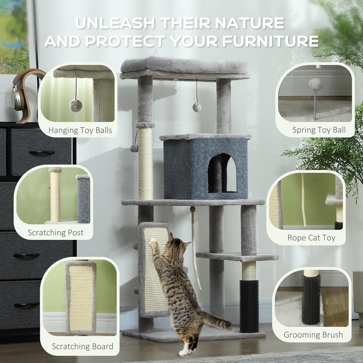 Cat Tree Tower 132cm Multi Level Scratching Condo Bed Indoor Climber
