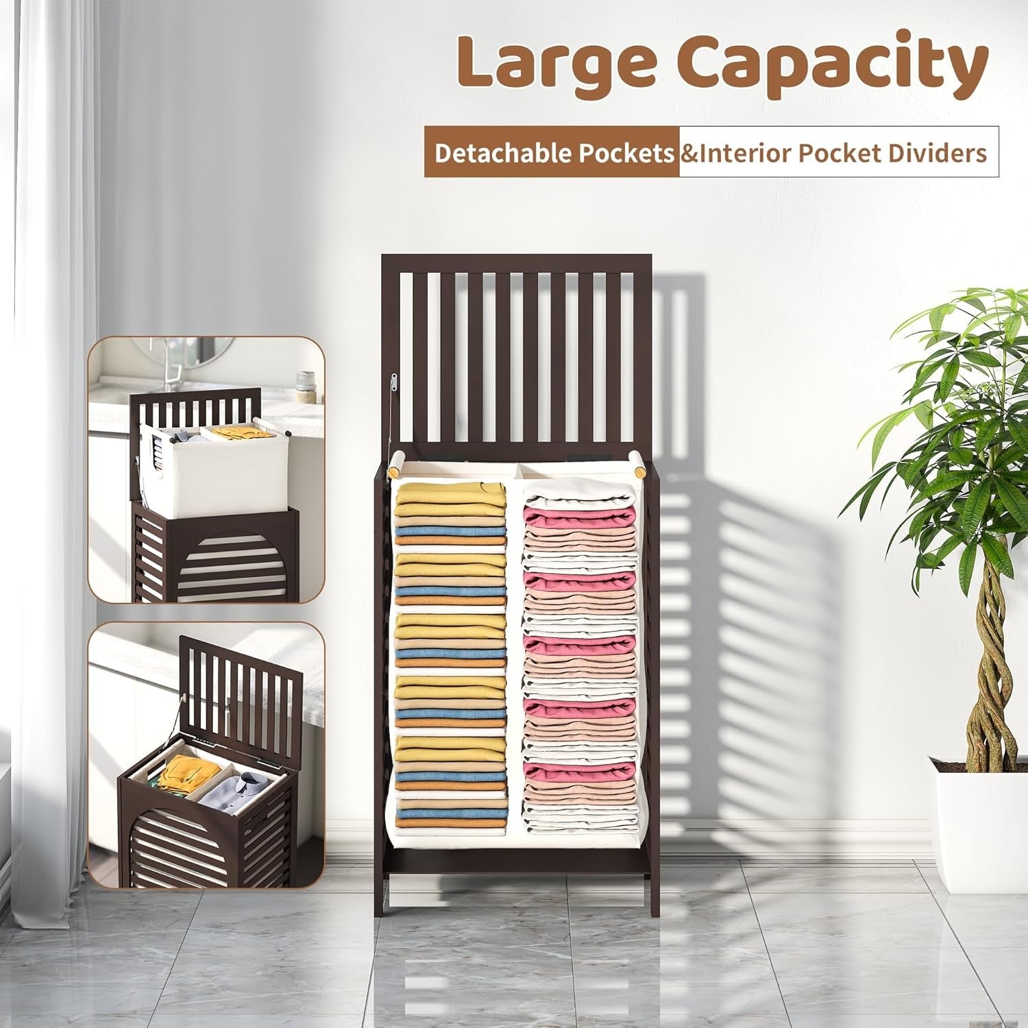 85L Bamboo Laundry Hamper with Lid Large Laundry Basket Removable Liner Brown