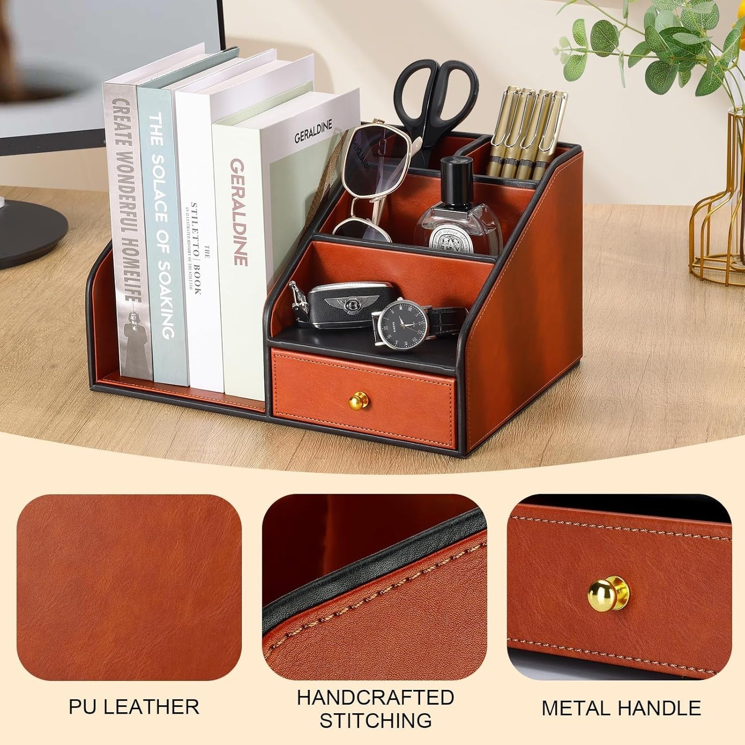 PU Leather Desk Organizer with A4 Magazine Rack & Pen Holder 33x28x18cm