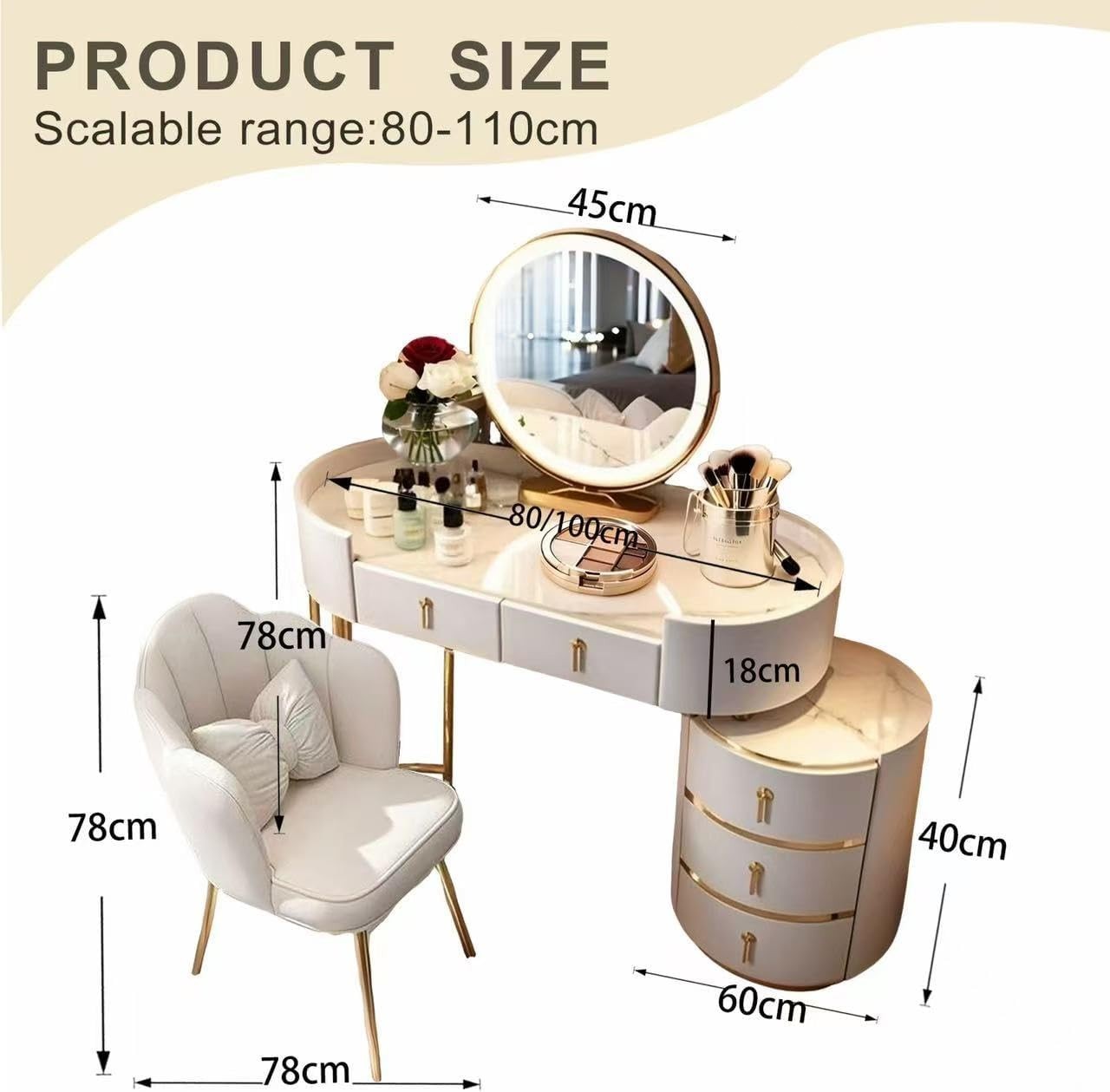 Makeup Vanity Desk 3-Color LED Mirror Marble Top Dressing Table 4 Drawers Wood