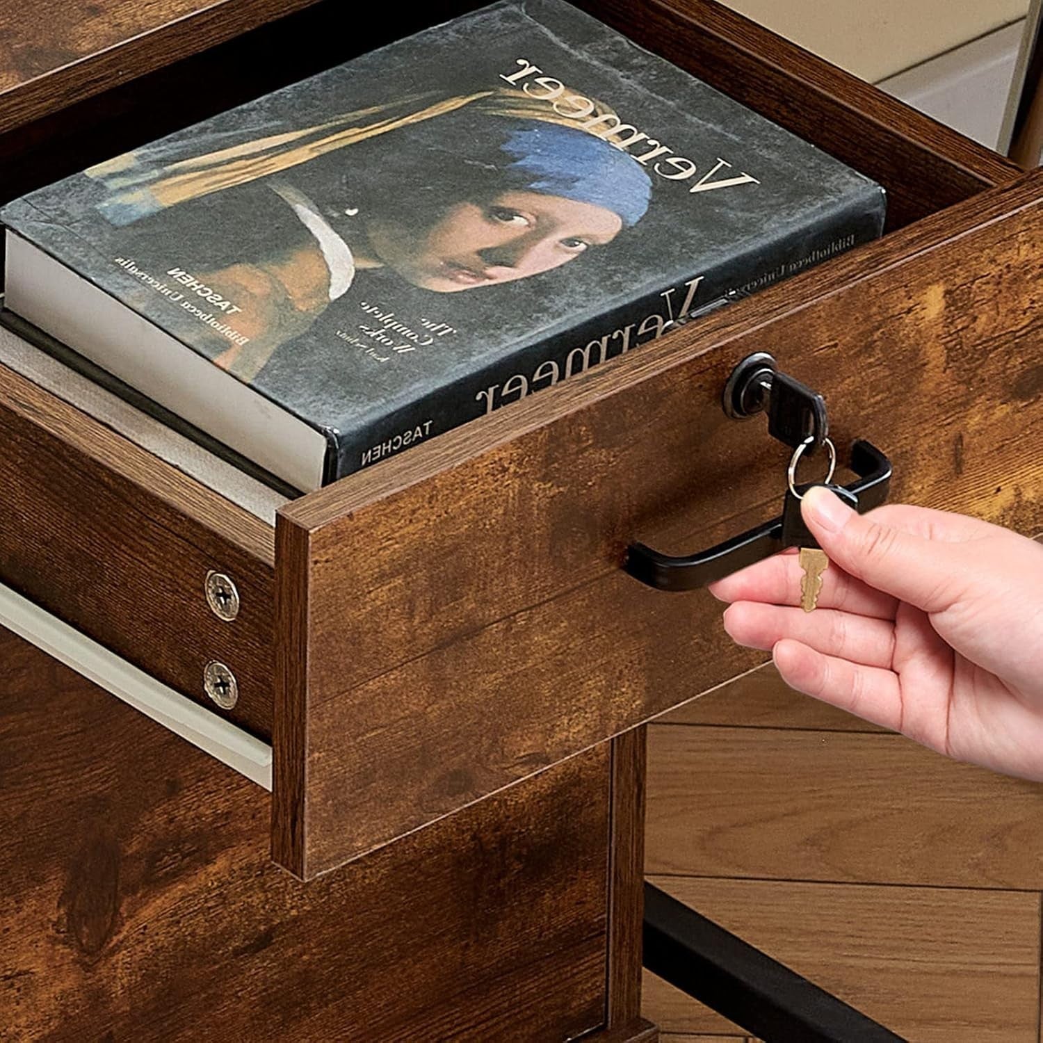 Rustic Brown Mobile File Cabinet 40cm Lockable Under Desk Storage