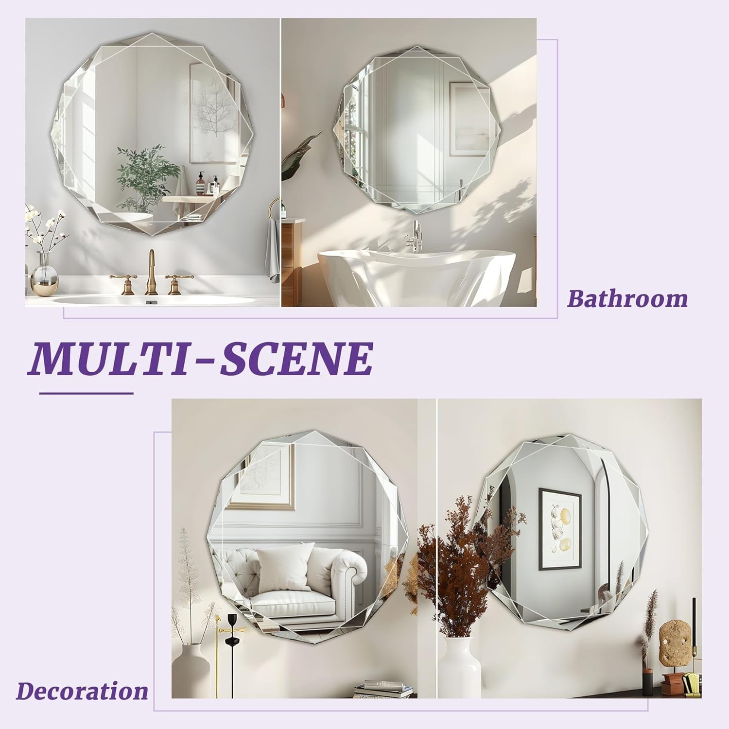 Round Beveled Bathroom Mirror 61x61 cm Frameless Vanity Wall Decor