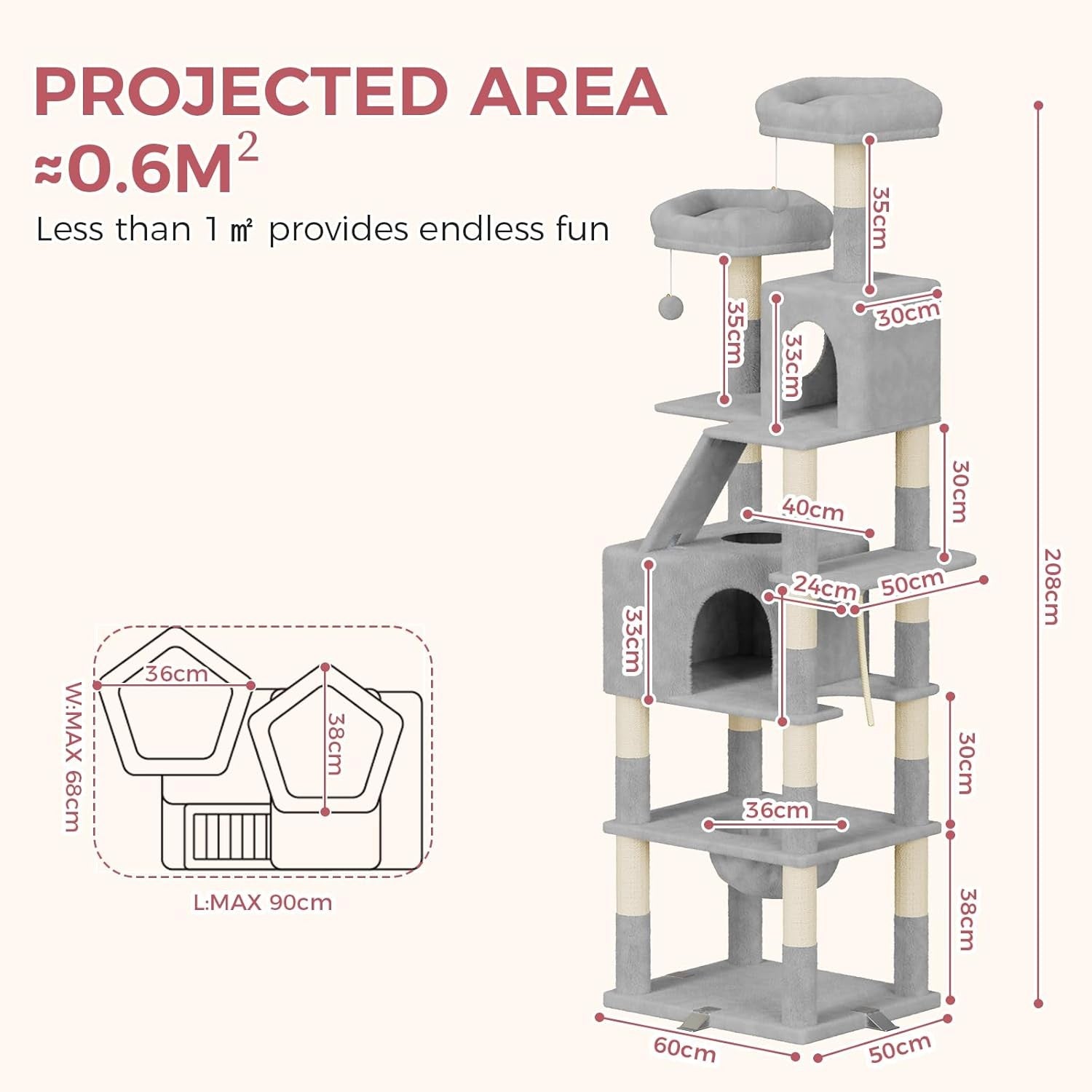 208cm Tall Cat Tree Tower Light Grey Anti-Tip Multi-Level Condo Scratcher