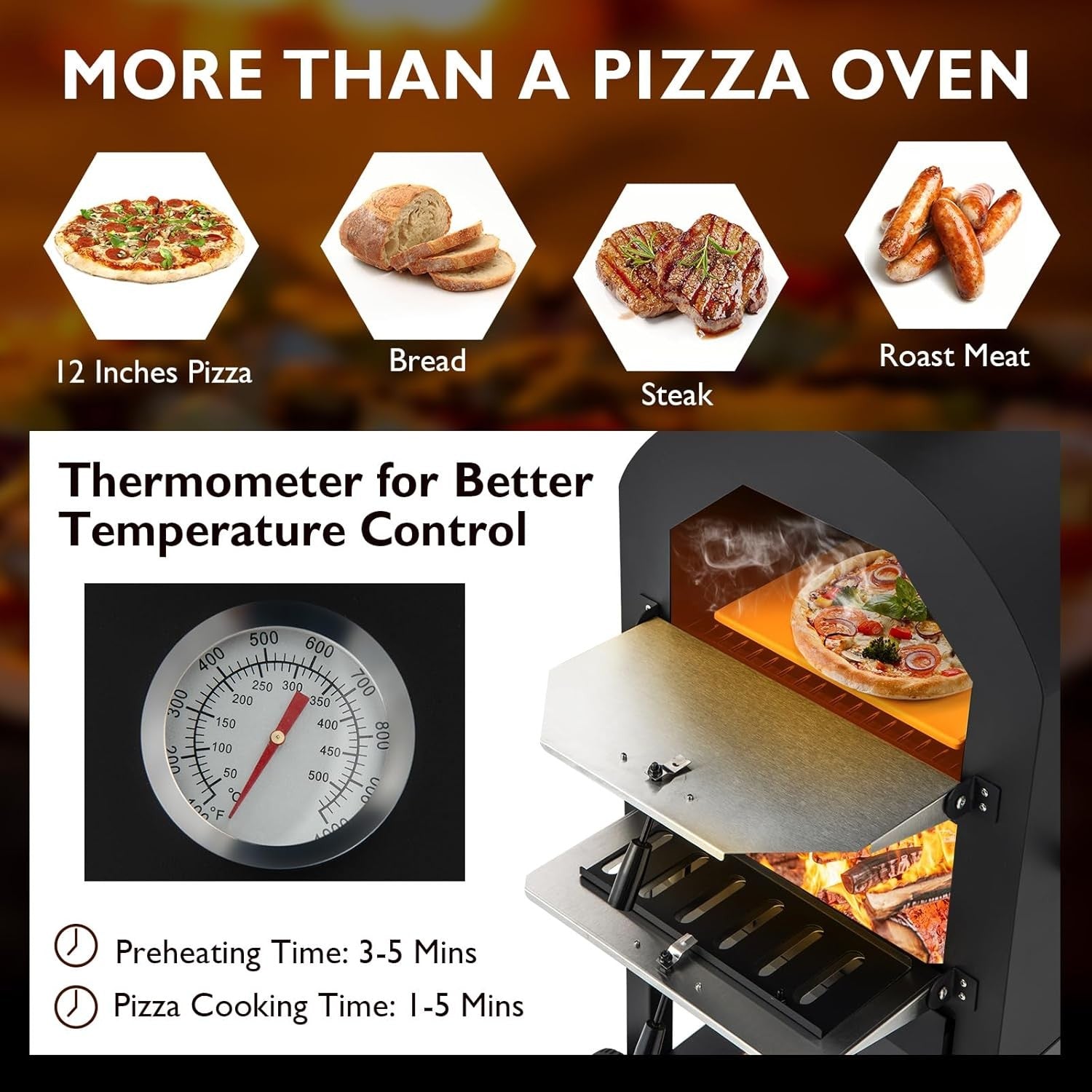 Outdoor Wood Fired Pizza Oven | BBQ Grill w/ Stone, Chimney, Thermometer & Cover