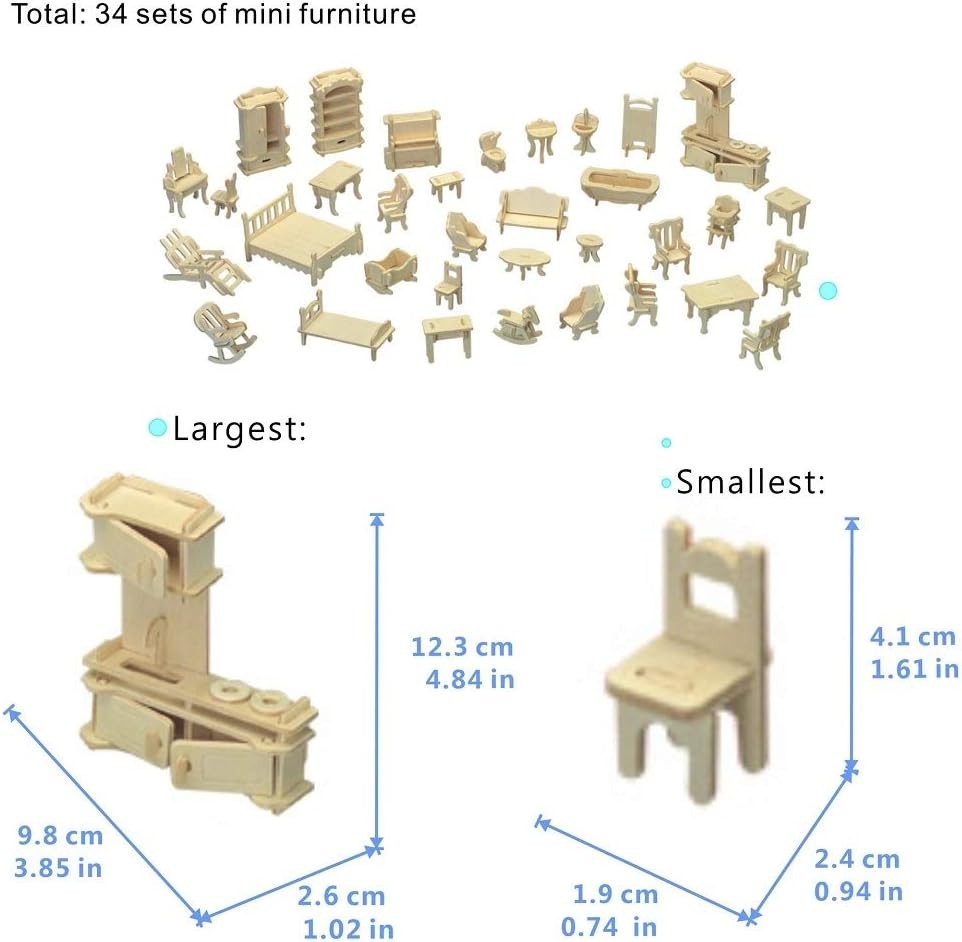 Wooden Dollhouse Furniture Set - 34 Pieces Miniature DIY Kit, Paintable