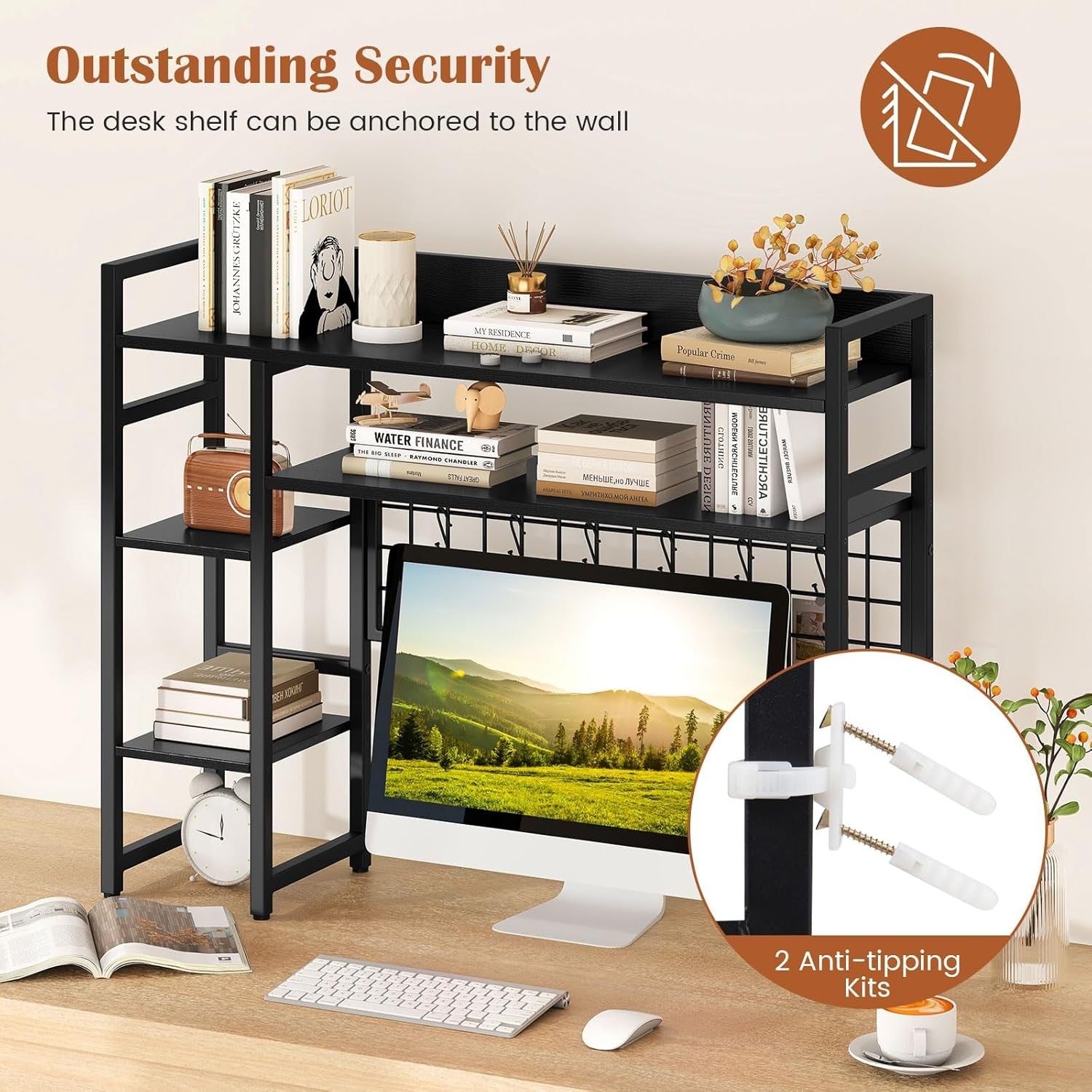 4-Tier Desktop Hutch Bookshelf Monitor Stand with Hooks Office Desk Organizer