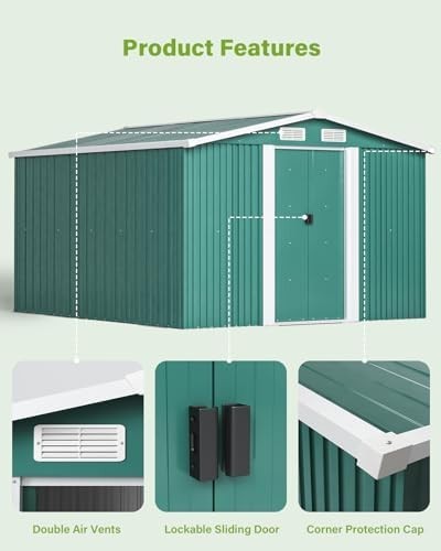 Lockable 10x8 FT Metal Garden Shed with Base Outdoor Storage House