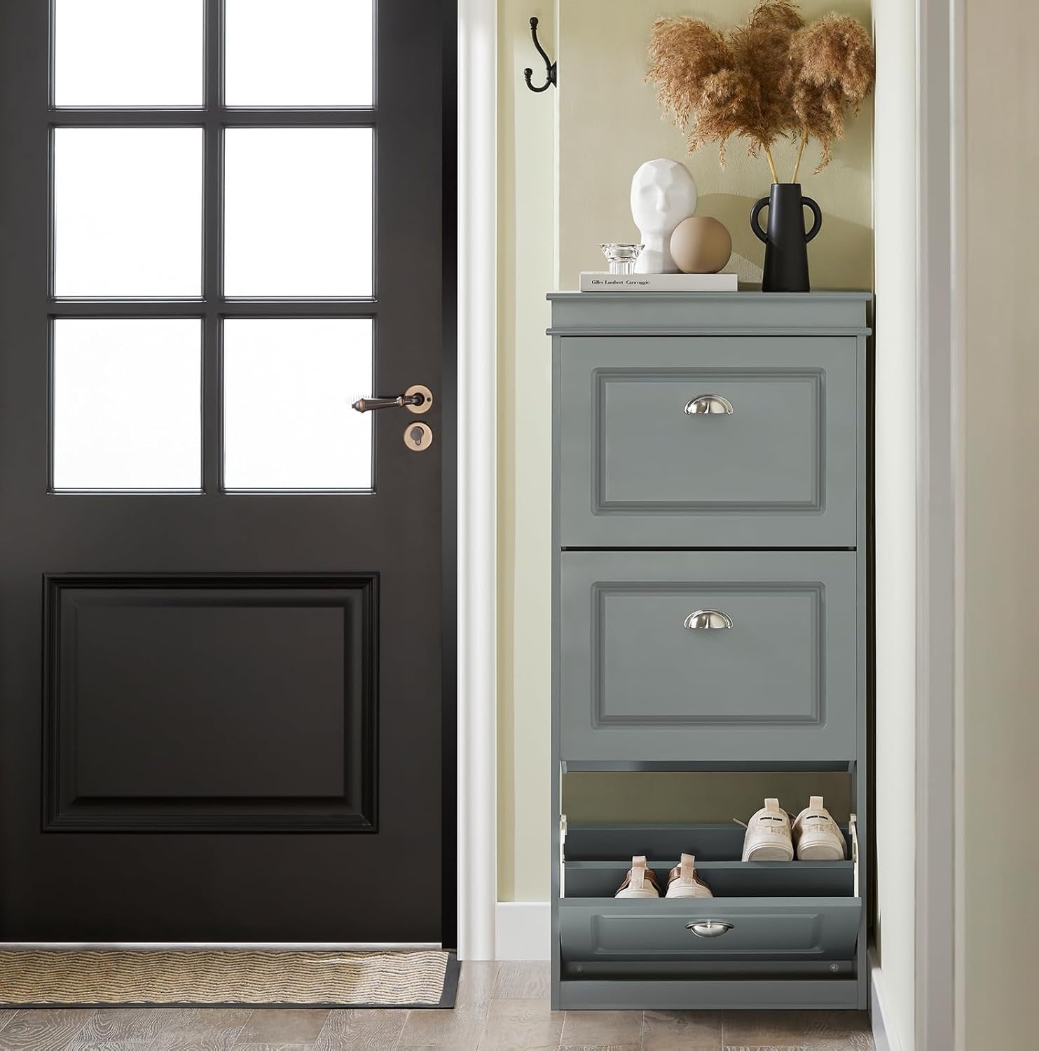 3 Flip-Drawer Slim Shoe Cabinet Storage Unit 53x24x117 cm Grey