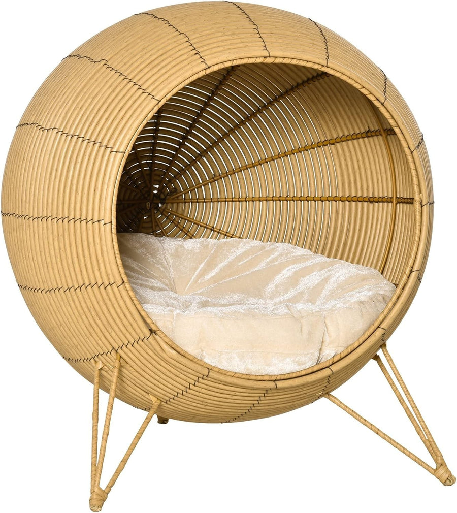 Elevated Wicker Cat Bed Rattan Pet Cave House w Cushion 52cm