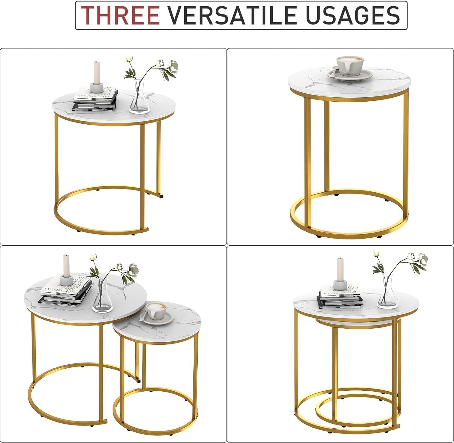 Gold Faux Marble Nesting Coffee Table Set 2 Round End Side Tables Storage