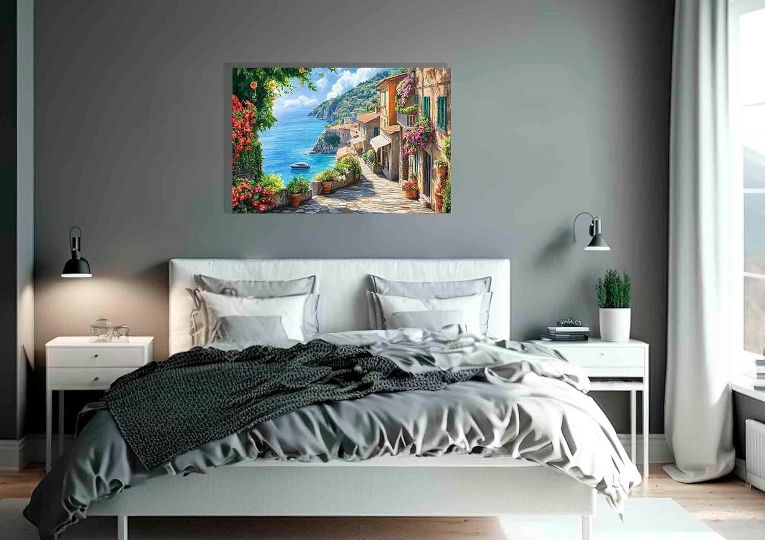Mediterranean Seascape Canvas Wall Art Coastal Village Ocean View Print 24x16