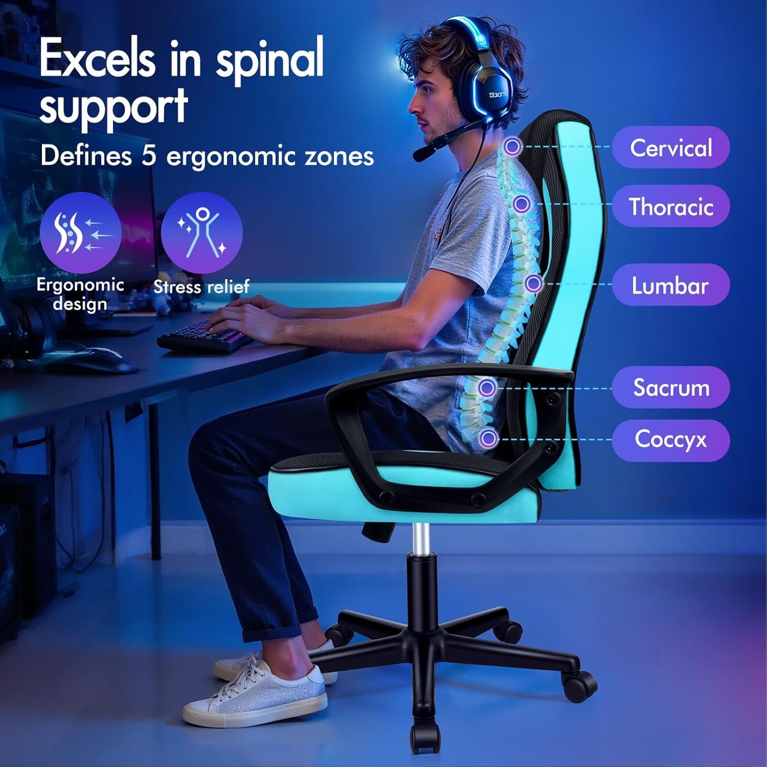 Ergonomic Gaming Chair Racing Swivel Desk Chair Mesh PU Cyan