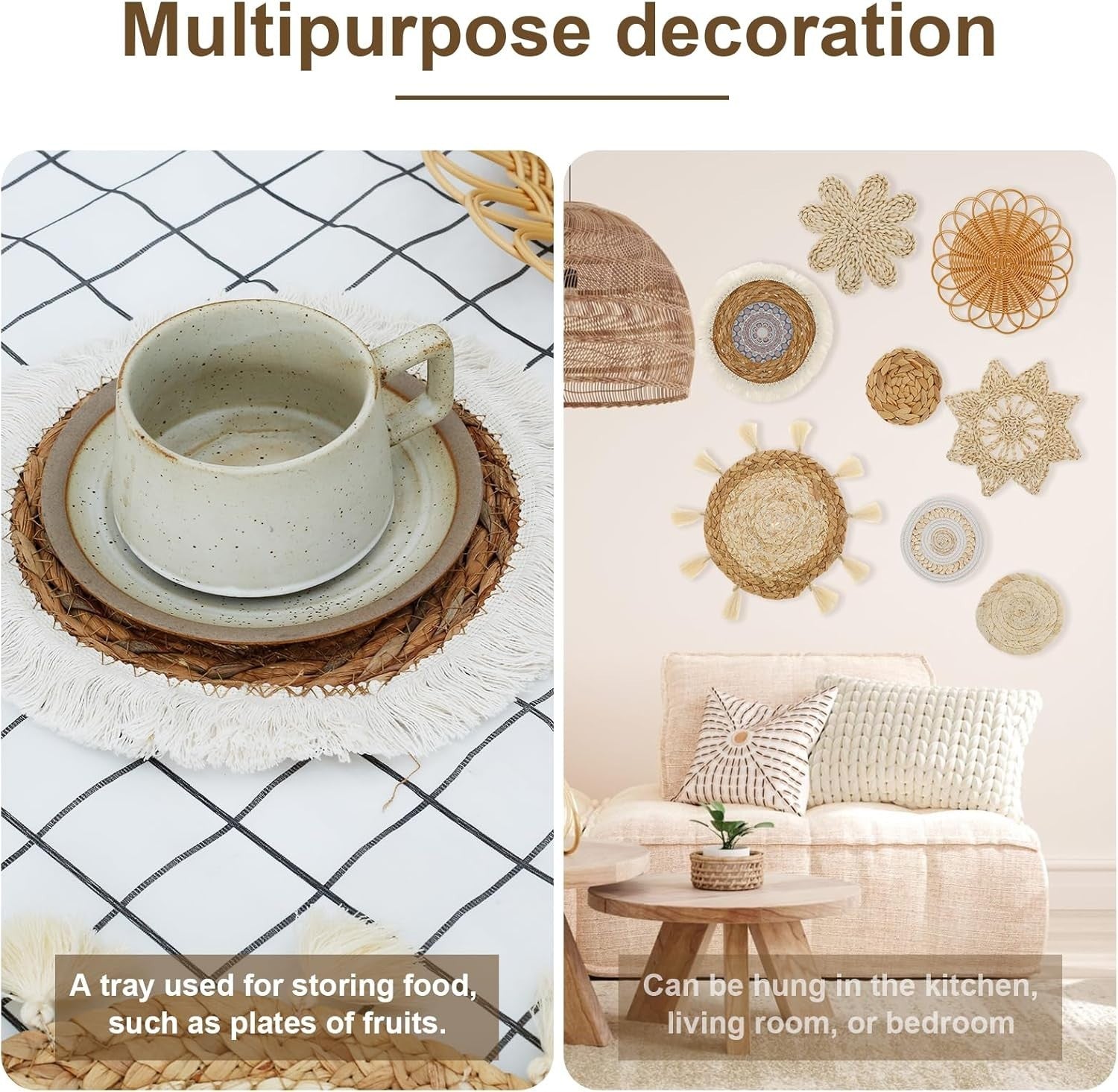 8 Pcs Boho Woven Wall Baskets Handmade Rattan Decor 7 Sizes
