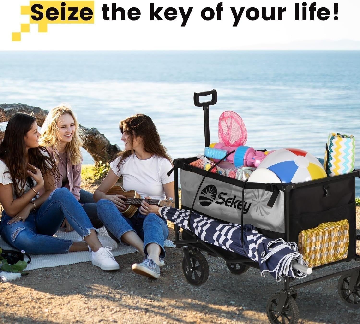 Black/Grey 330lb Heavy Duty Folding Wagon 330L Extra Capacity Cart w/ Big Wheels