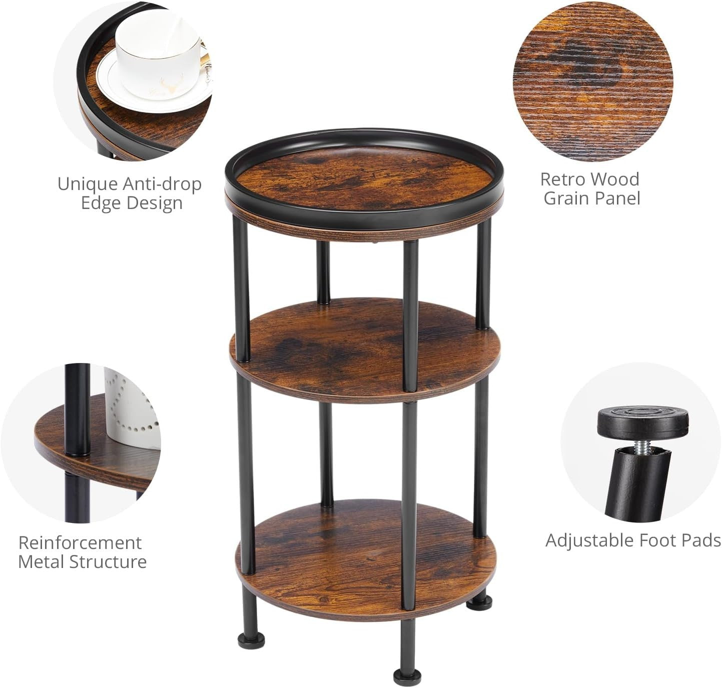 3 Tier Round Side Table with Storage Shelf Metal Frame Small Space Brown 30x55.