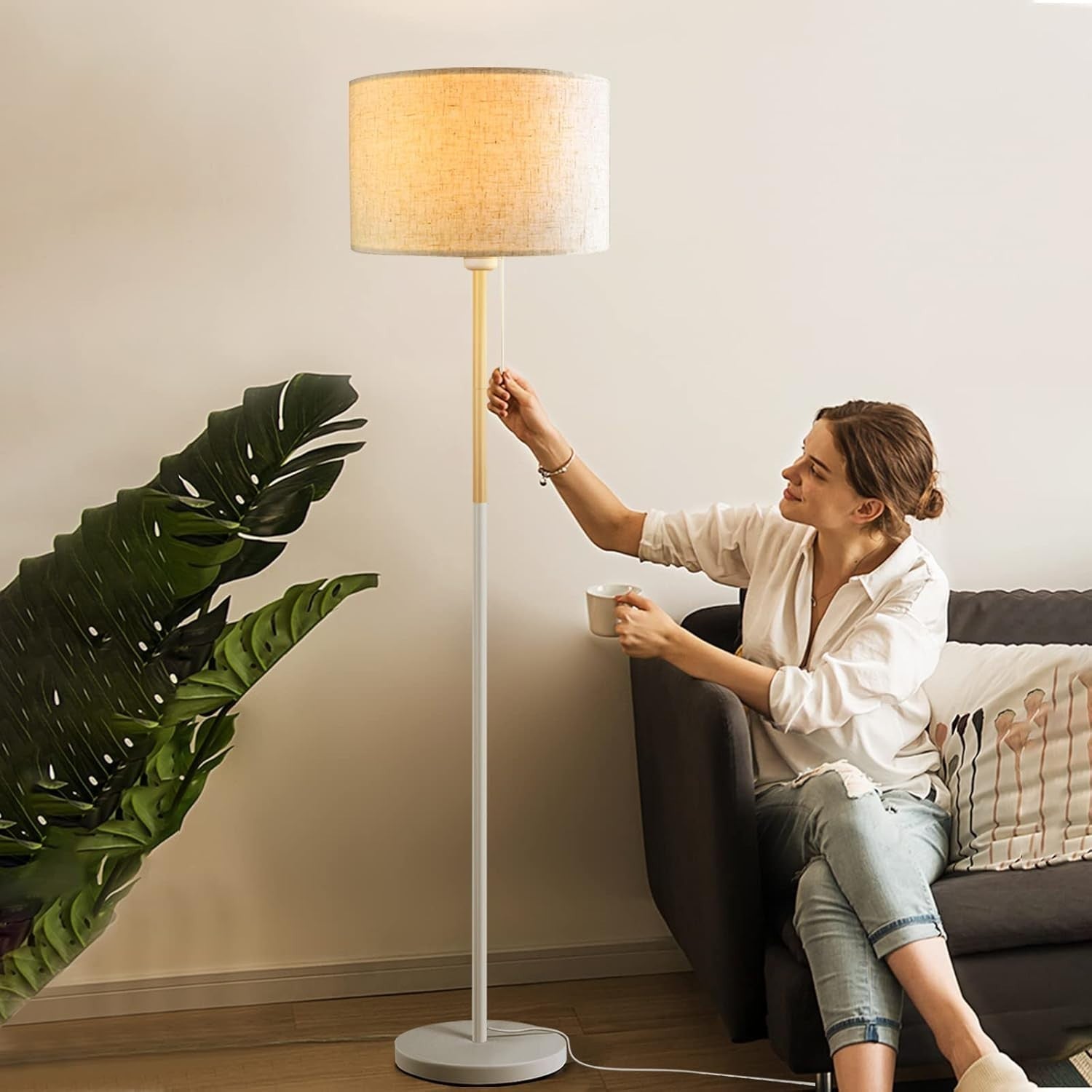 Farmhouse Floor Lamp White Linen Shade Tall Standing Reading Light LED