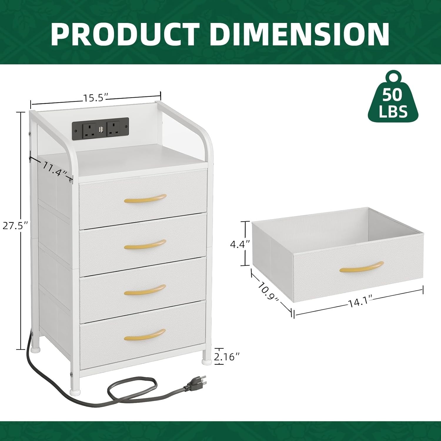 White Bedside Cabinet with Charging Station 4-Drawer Storage Chest 71cm