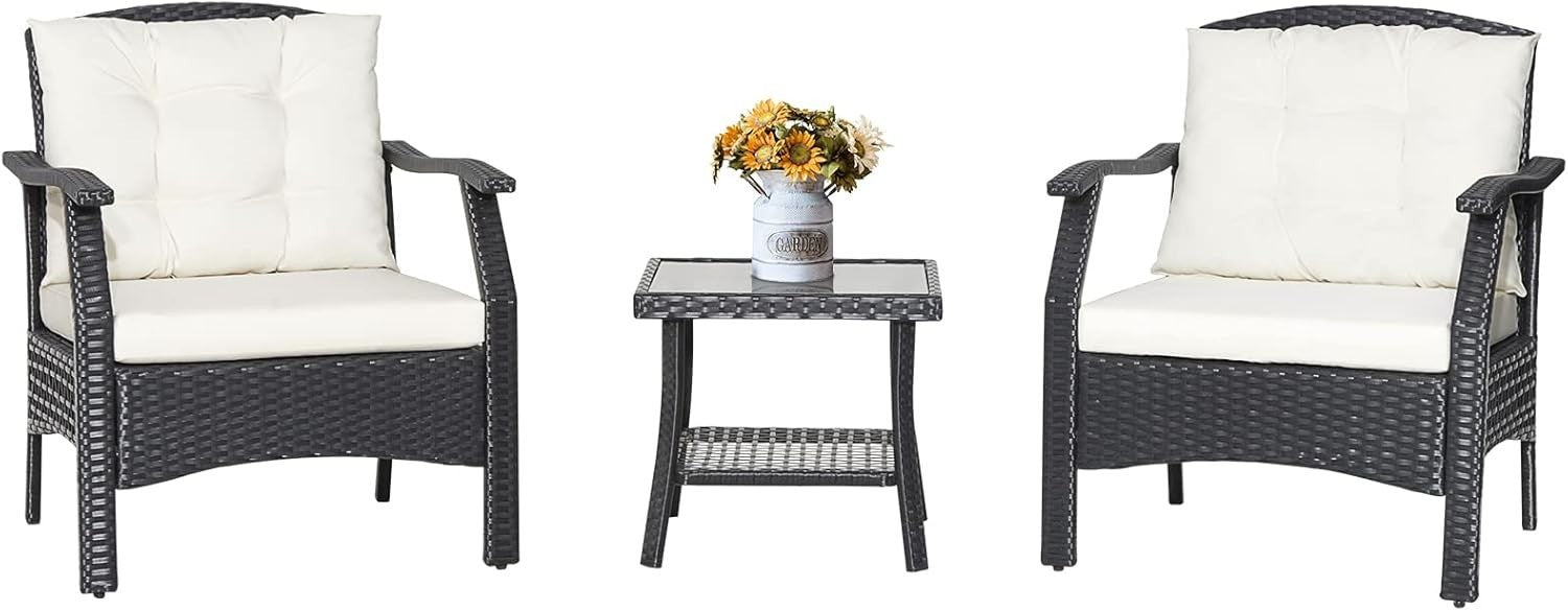 Outdoor Rattan Bistro Set 3-Piece Patio Sofa Table Chairs Cushions Garden